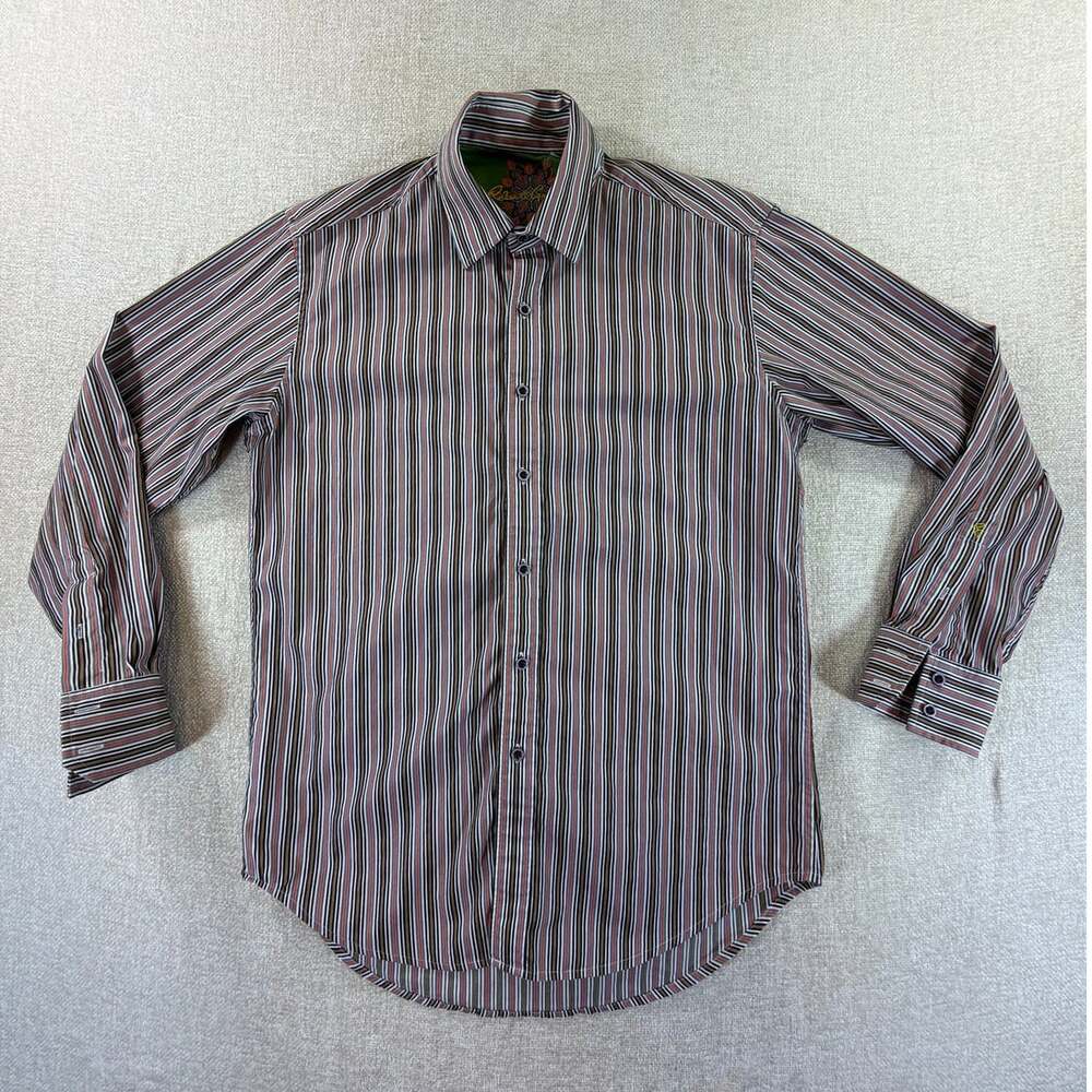 Robert Graham Men Medium Orange Striped Long Sleeve Button Front Dress Shirt Top